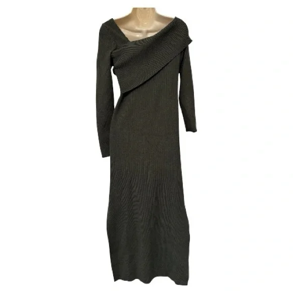 Line & Dot Olive Off-Shoulder Ribbed Knit Bodycon Midi Dress Women’s L - Picture 3 of 5